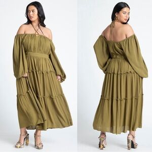 Eloquii Tiered Ruffle Maxi Dress Olive Green Size 14W